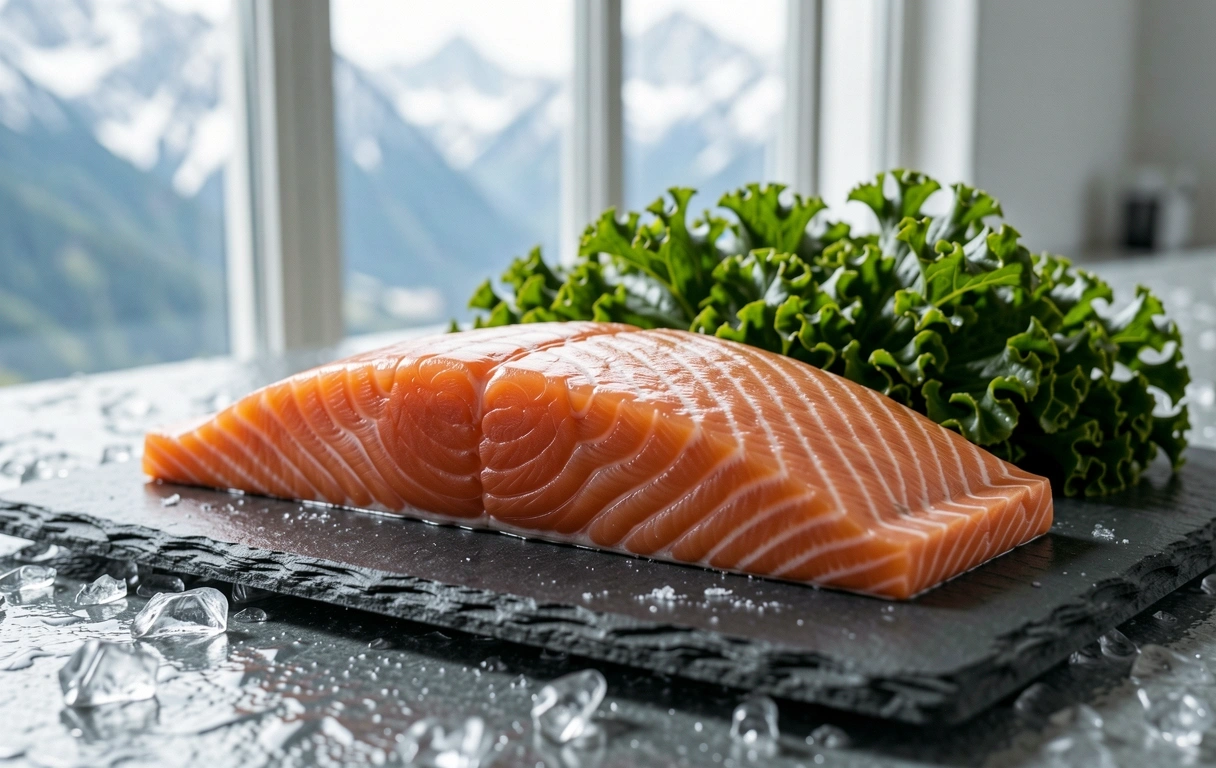 Präzisionsgeschnittener Lachs auf Steinplatte